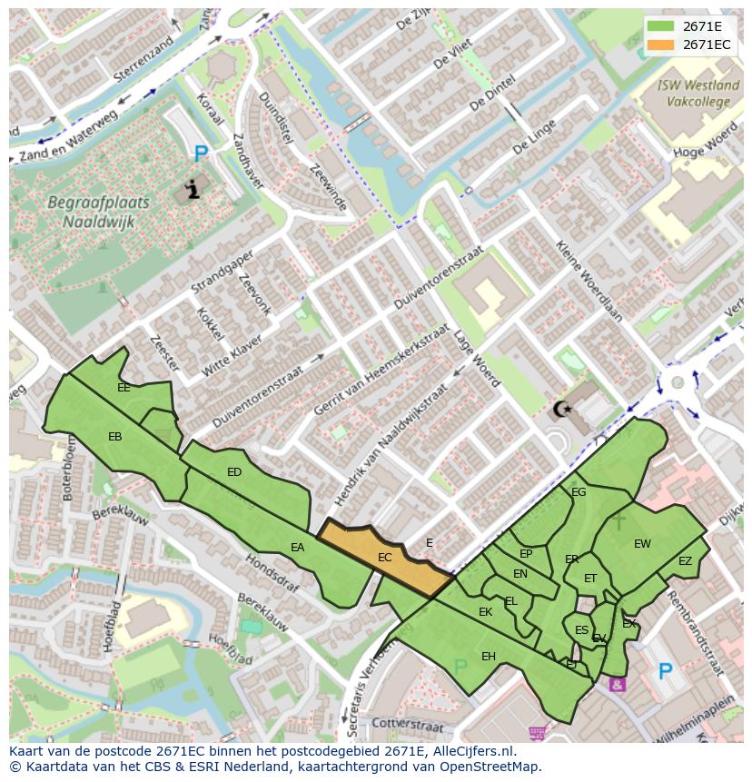 Afbeelding van het postcodegebied 2671 EC op de kaart.