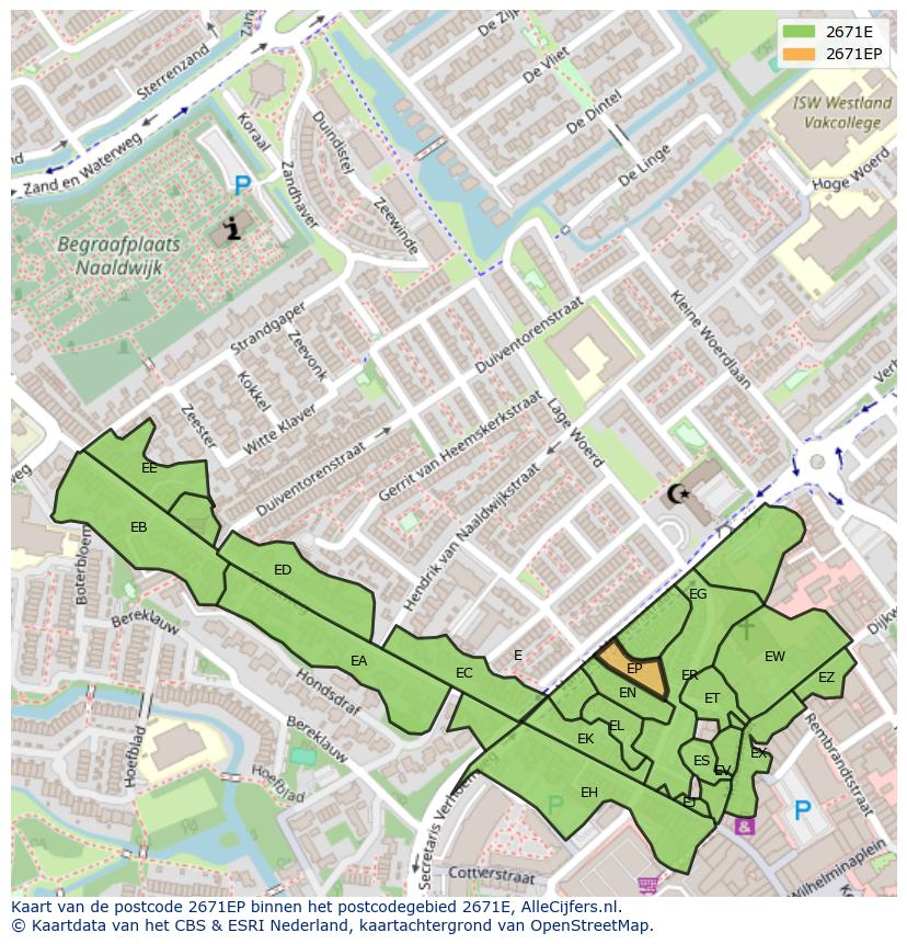 Afbeelding van het postcodegebied 2671 EP op de kaart.