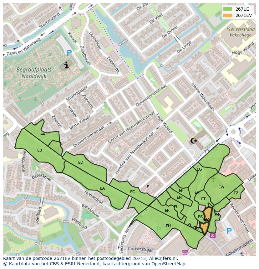 Afbeelding van het postcodegebied 2671 EV op de kaart.