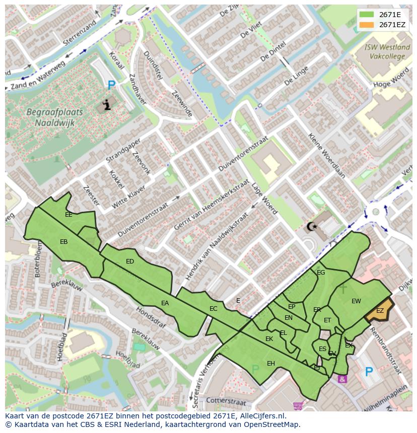 Afbeelding van het postcodegebied 2671 EZ op de kaart.