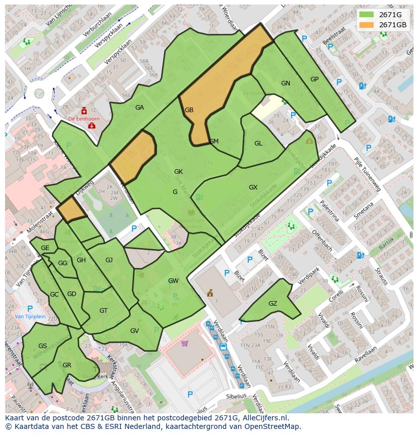 Afbeelding van het postcodegebied 2671 GB op de kaart.