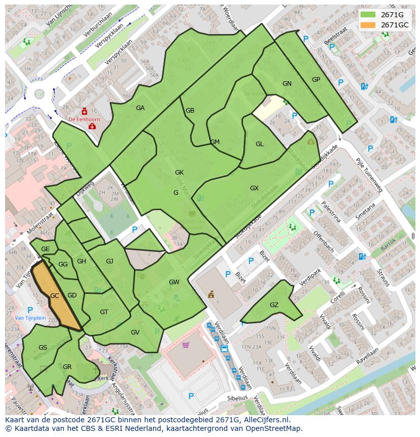 Afbeelding van het postcodegebied 2671 GC op de kaart.