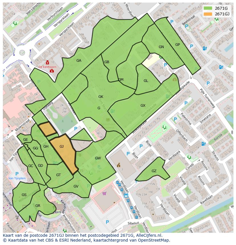 Afbeelding van het postcodegebied 2671 GJ op de kaart.