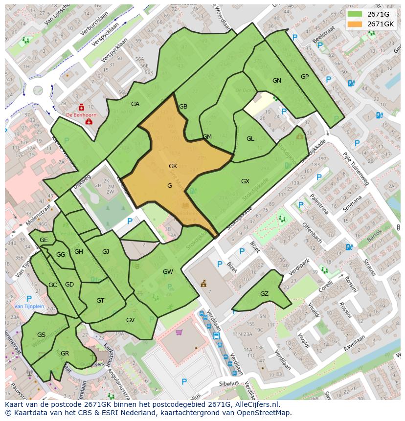 Afbeelding van het postcodegebied 2671 GK op de kaart.