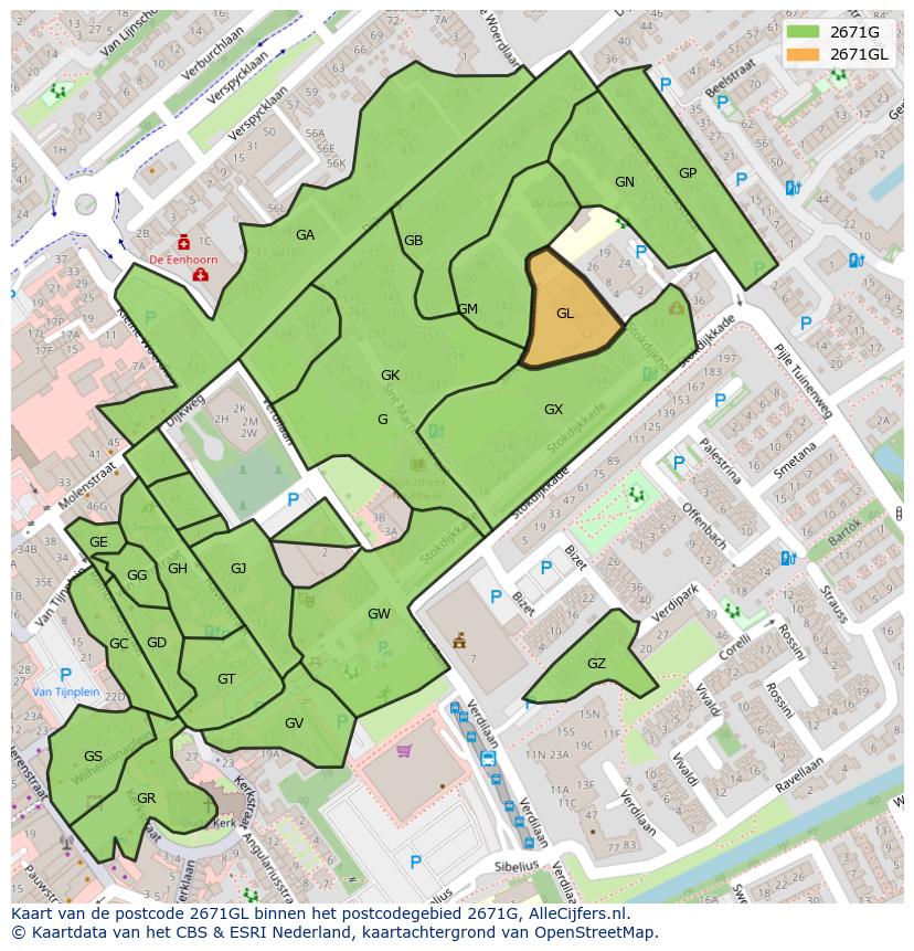 Afbeelding van het postcodegebied 2671 GL op de kaart.