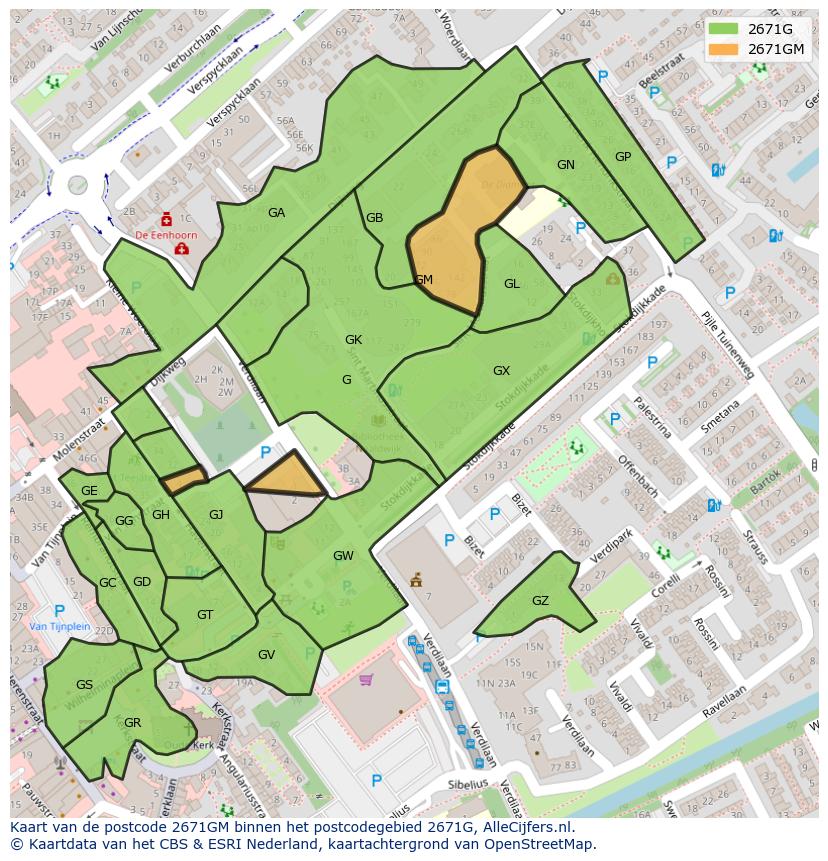 Afbeelding van het postcodegebied 2671 GM op de kaart.