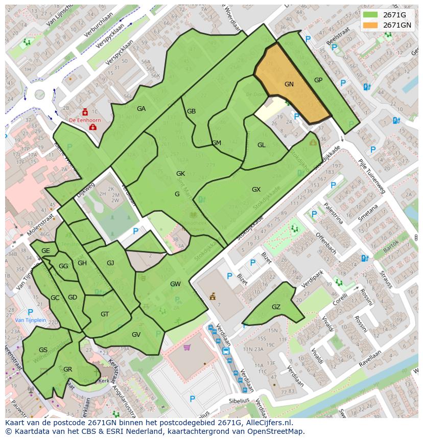 Afbeelding van het postcodegebied 2671 GN op de kaart.