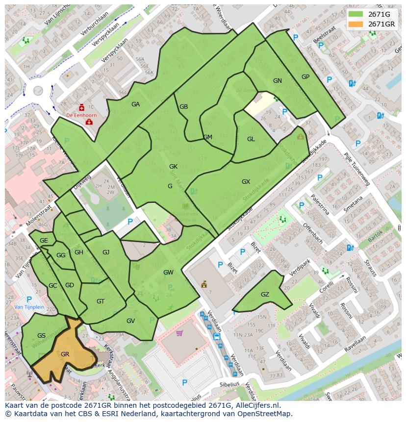 Afbeelding van het postcodegebied 2671 GR op de kaart.