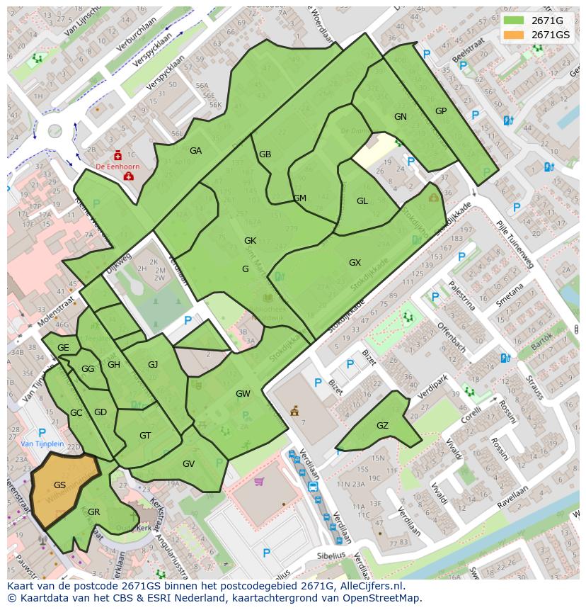 Afbeelding van het postcodegebied 2671 GS op de kaart.