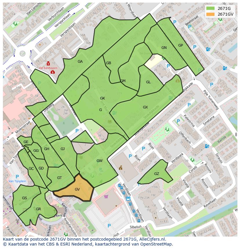 Afbeelding van het postcodegebied 2671 GV op de kaart.
