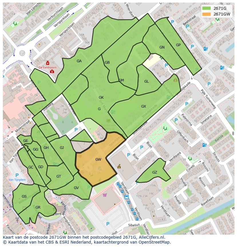 Afbeelding van het postcodegebied 2671 GW op de kaart.