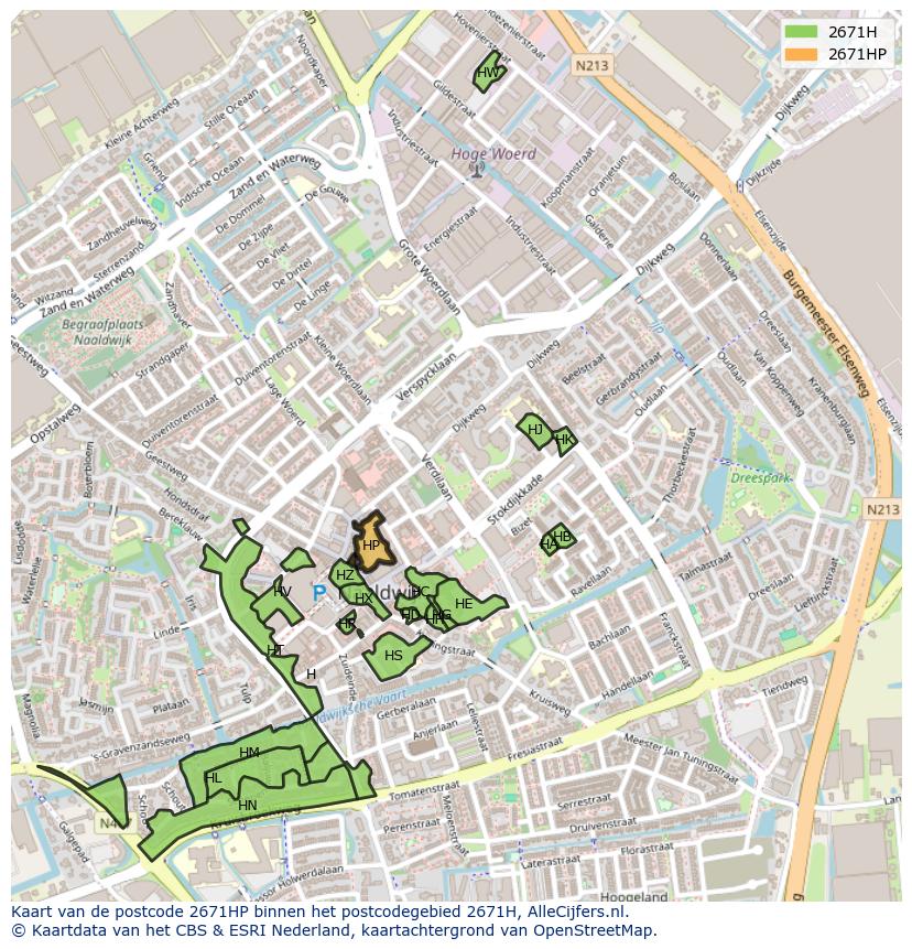 Afbeelding van het postcodegebied 2671 HP op de kaart.