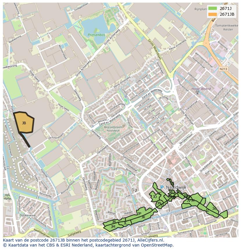 Afbeelding van het postcodegebied 2671 JB op de kaart.