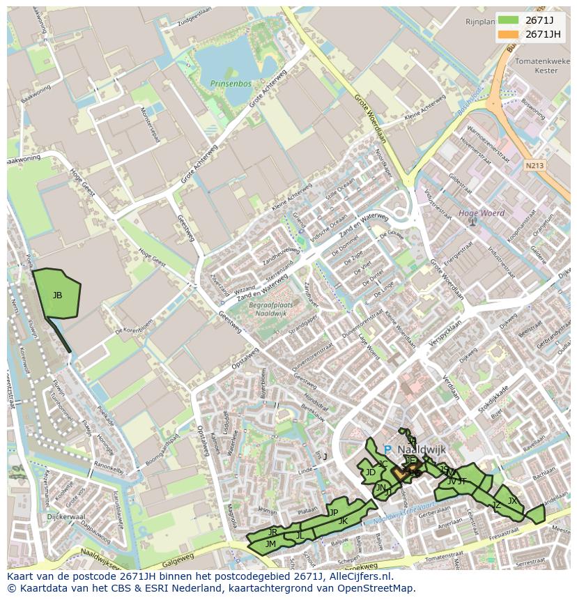 Afbeelding van het postcodegebied 2671 JH op de kaart.