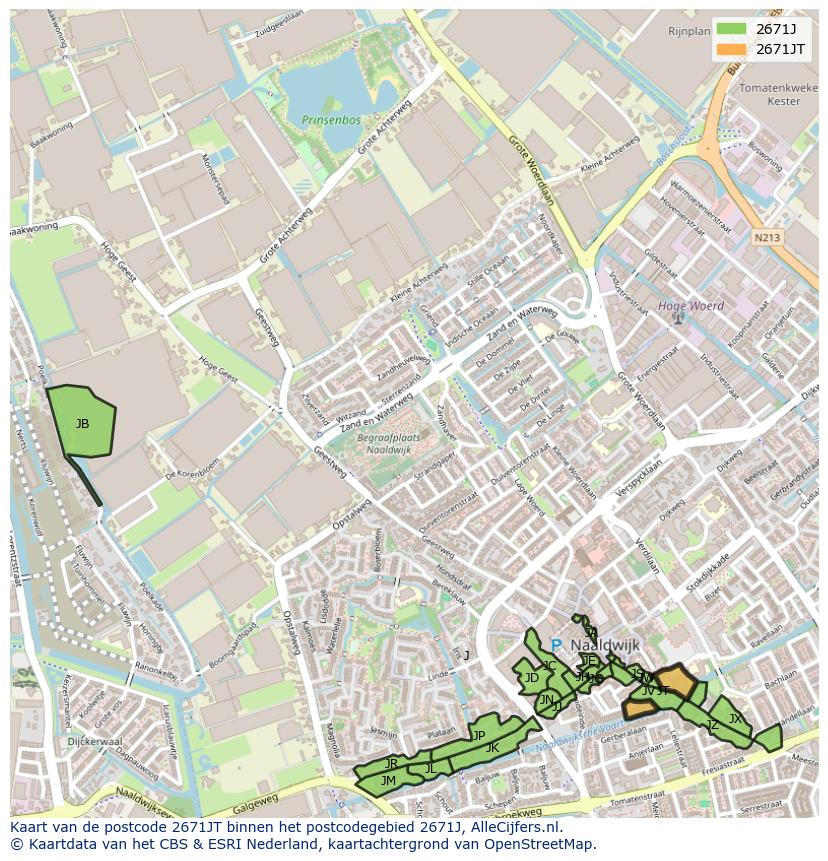 Afbeelding van het postcodegebied 2671 JT op de kaart.