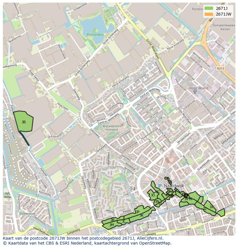 Afbeelding van het postcodegebied 2671 JW op de kaart.