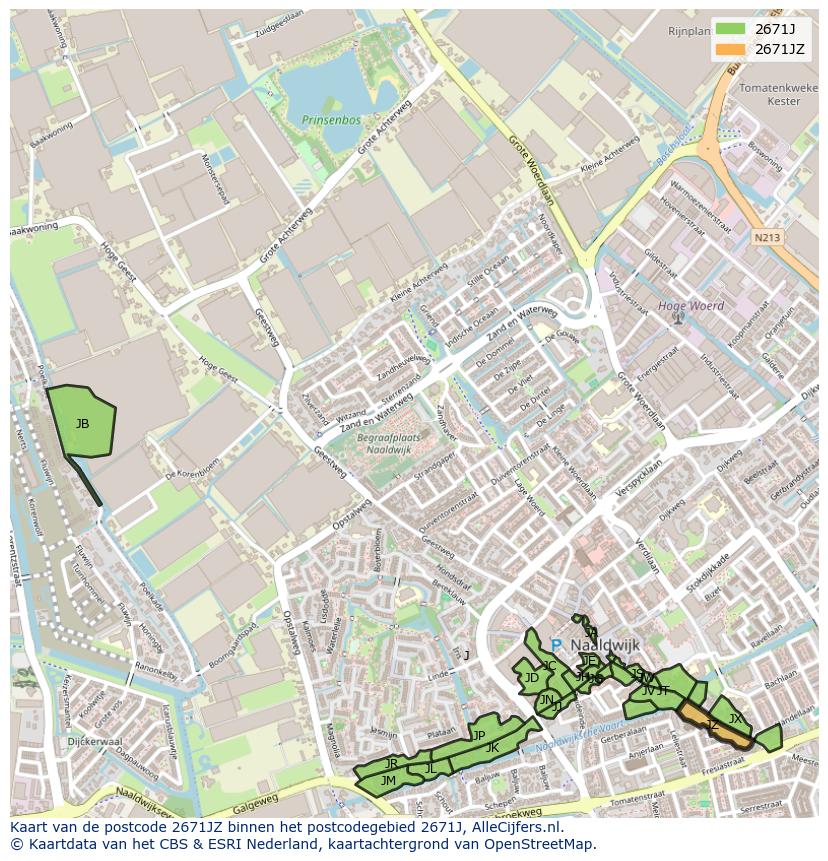 Afbeelding van het postcodegebied 2671 JZ op de kaart.