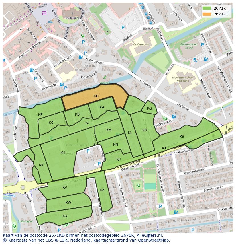Afbeelding van het postcodegebied 2671 KD op de kaart.