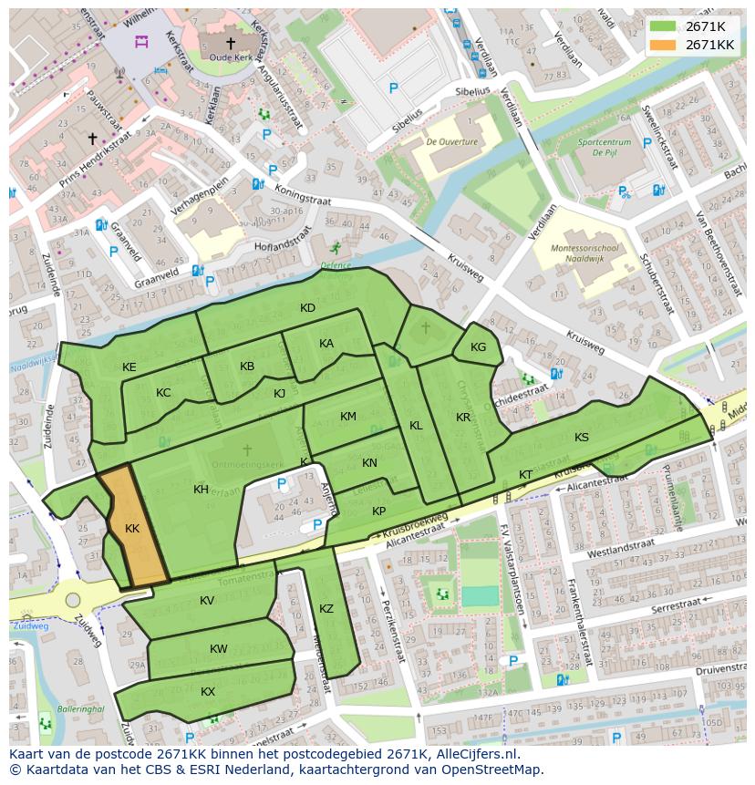 Afbeelding van het postcodegebied 2671 KK op de kaart.