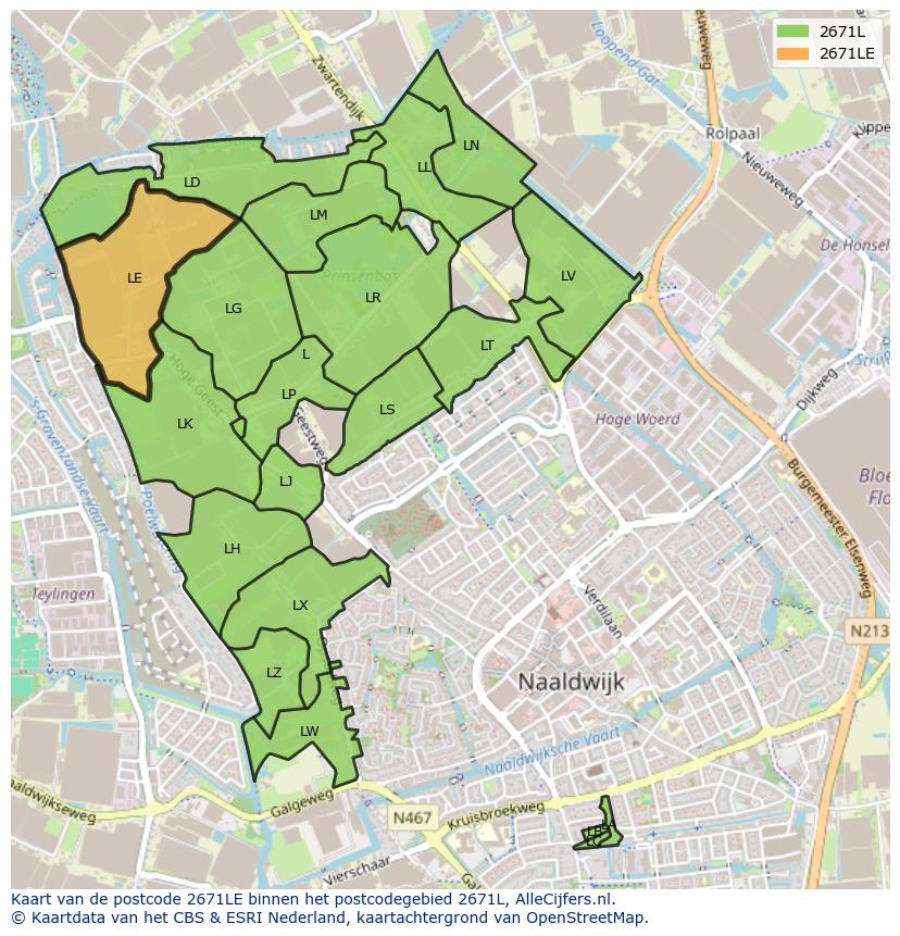 Afbeelding van het postcodegebied 2671 LE op de kaart.