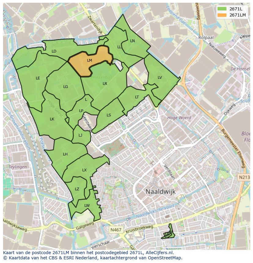Afbeelding van het postcodegebied 2671 LM op de kaart.