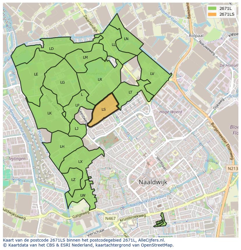 Afbeelding van het postcodegebied 2671 LS op de kaart.