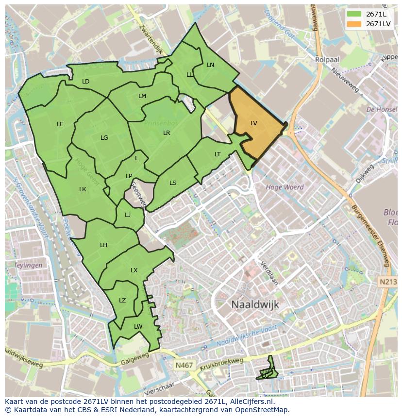 Afbeelding van het postcodegebied 2671 LV op de kaart.