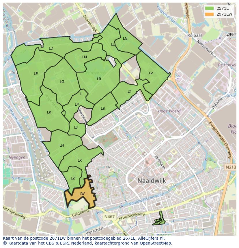 Afbeelding van het postcodegebied 2671 LW op de kaart.