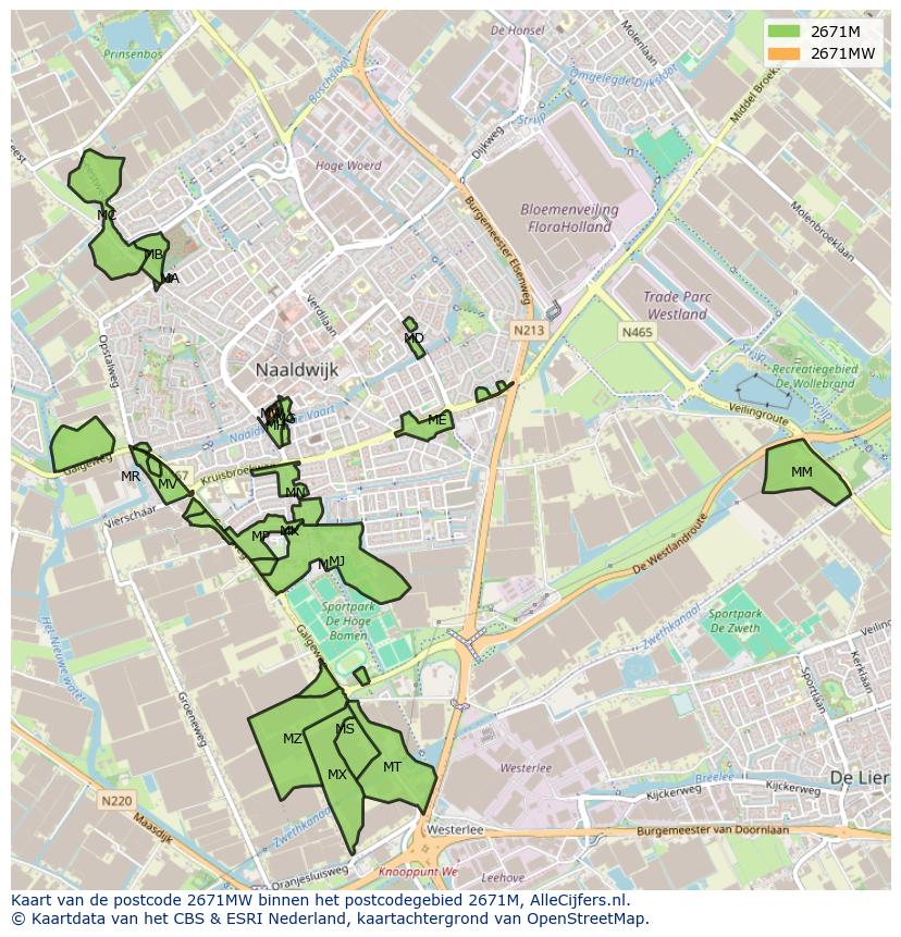 Afbeelding van het postcodegebied 2671 MW op de kaart.