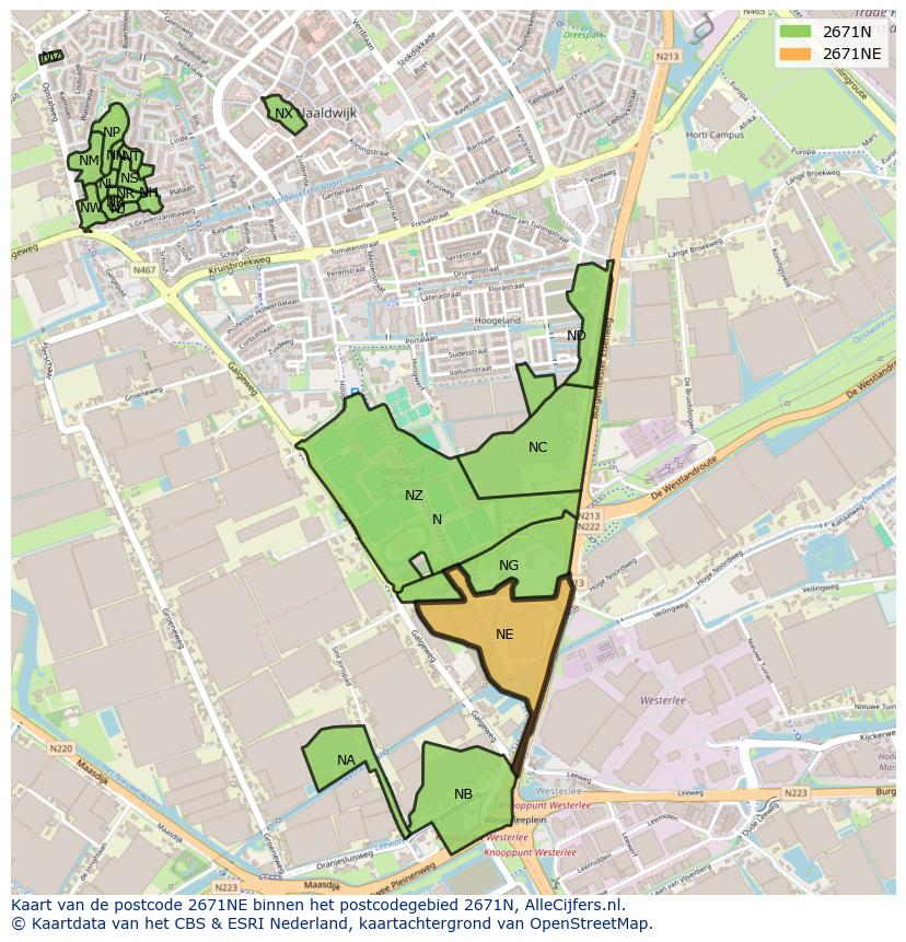 Afbeelding van het postcodegebied 2671 NE op de kaart.