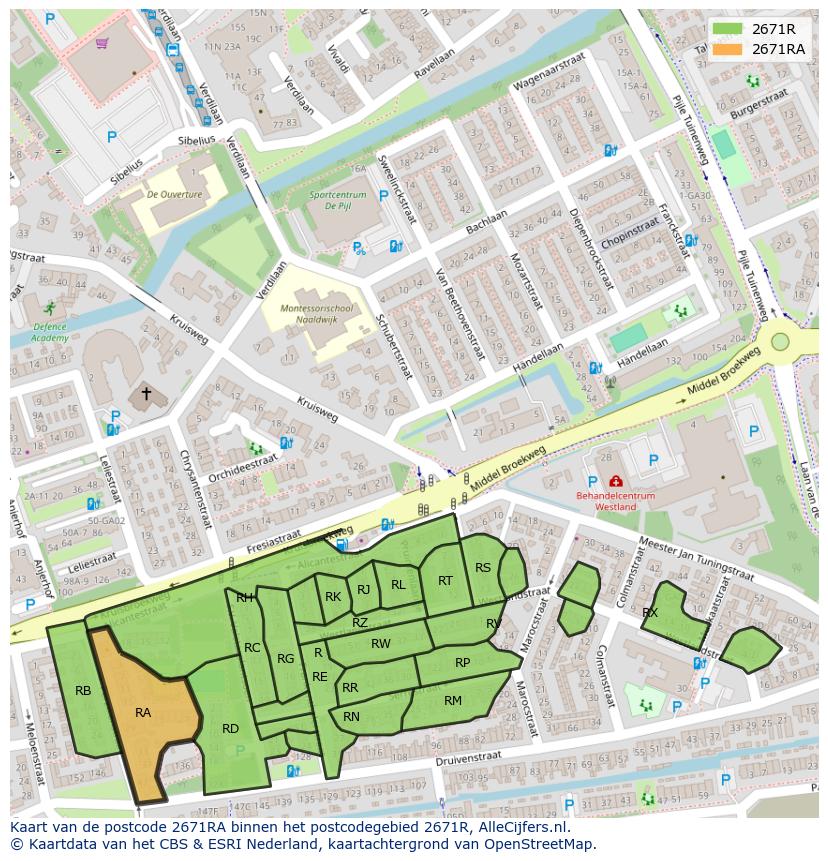 Afbeelding van het postcodegebied 2671 RA op de kaart.