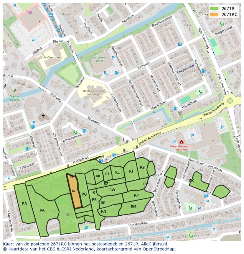 Afbeelding van het postcodegebied 2671 RC op de kaart.