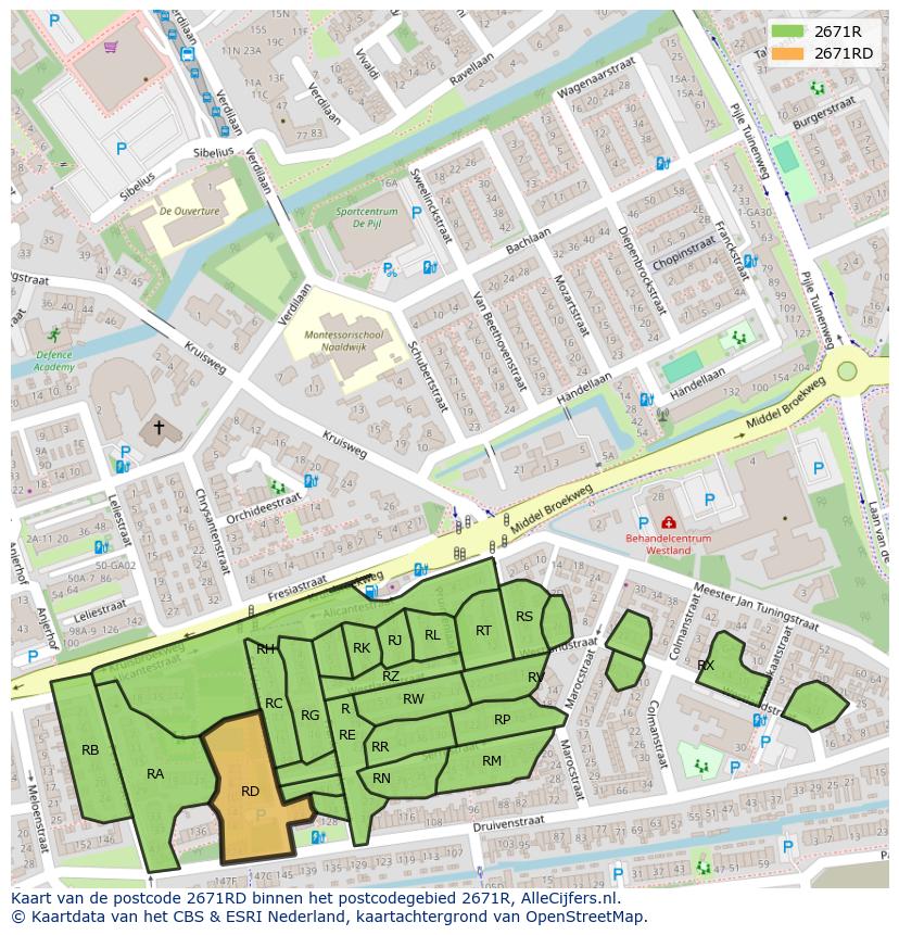 Afbeelding van het postcodegebied 2671 RD op de kaart.