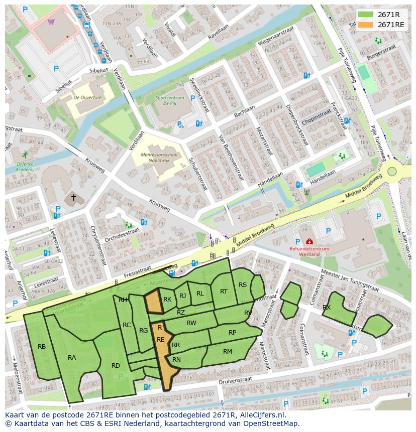 Afbeelding van het postcodegebied 2671 RE op de kaart.