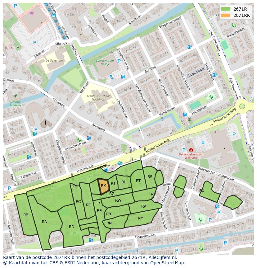 Afbeelding van het postcodegebied 2671 RK op de kaart.