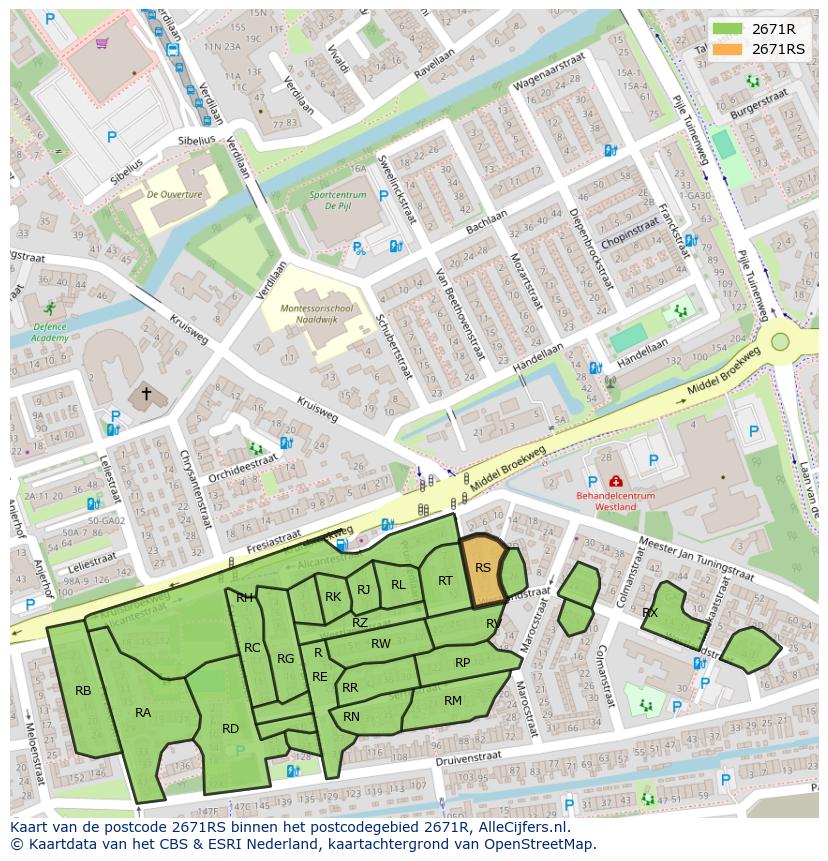 Afbeelding van het postcodegebied 2671 RS op de kaart.