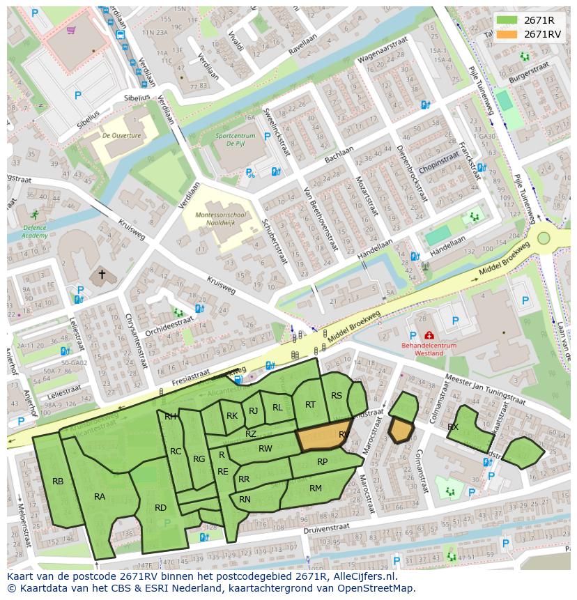 Afbeelding van het postcodegebied 2671 RV op de kaart.