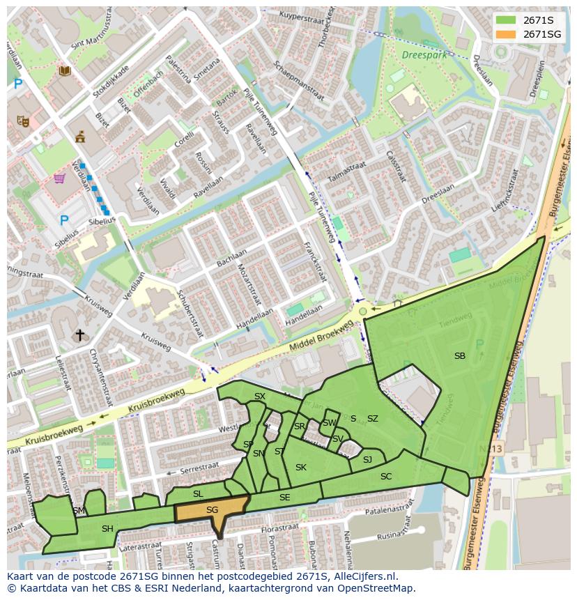 Afbeelding van het postcodegebied 2671 SG op de kaart.