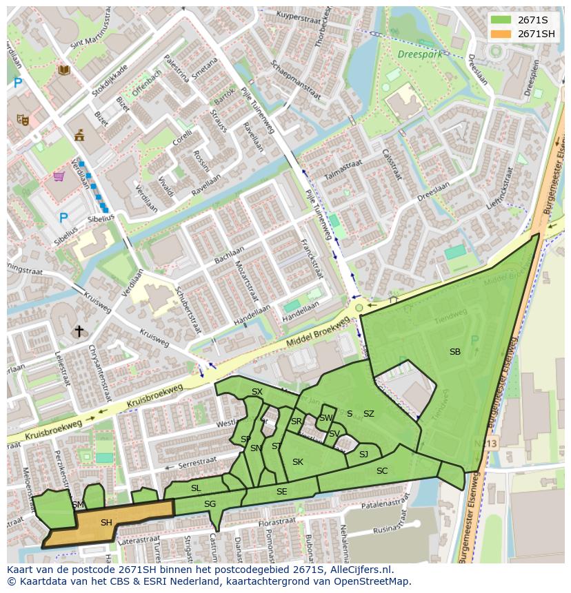 Afbeelding van het postcodegebied 2671 SH op de kaart.