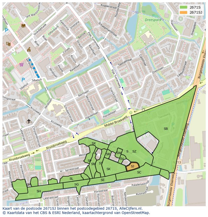 Afbeelding van het postcodegebied 2671 SJ op de kaart.
