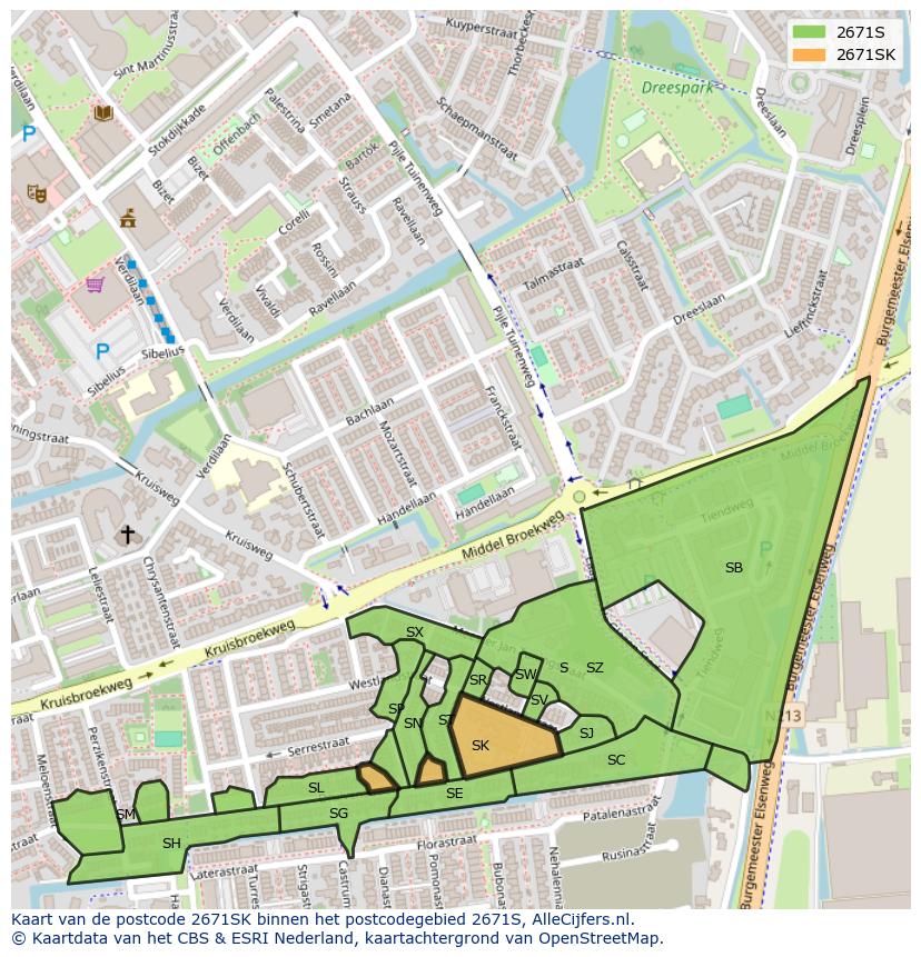 Afbeelding van het postcodegebied 2671 SK op de kaart.