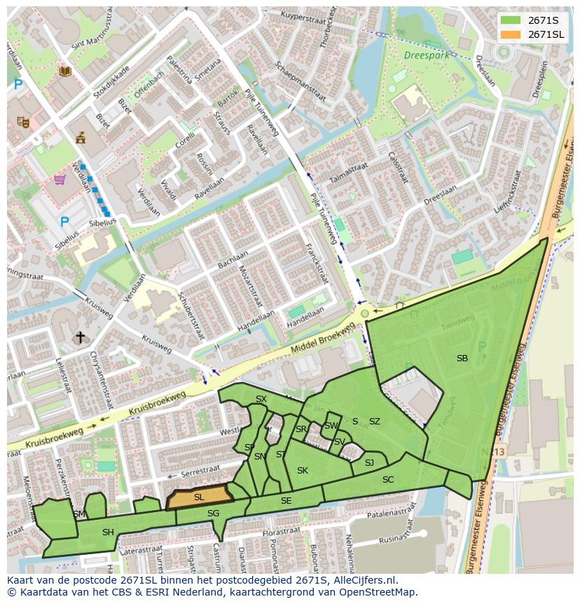 Afbeelding van het postcodegebied 2671 SL op de kaart.