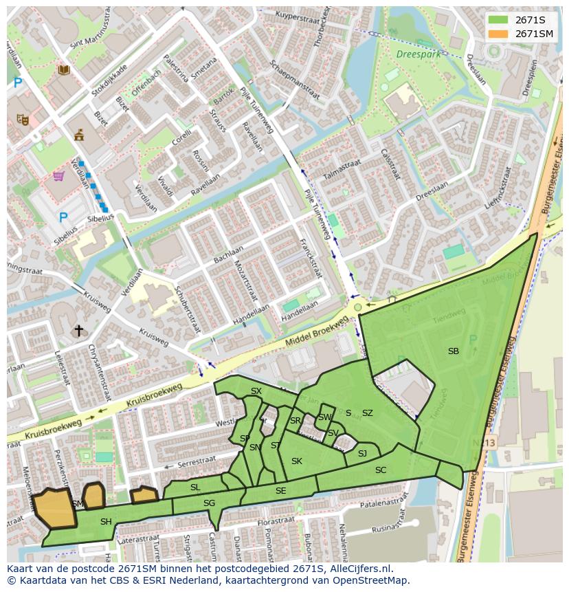 Afbeelding van het postcodegebied 2671 SM op de kaart.