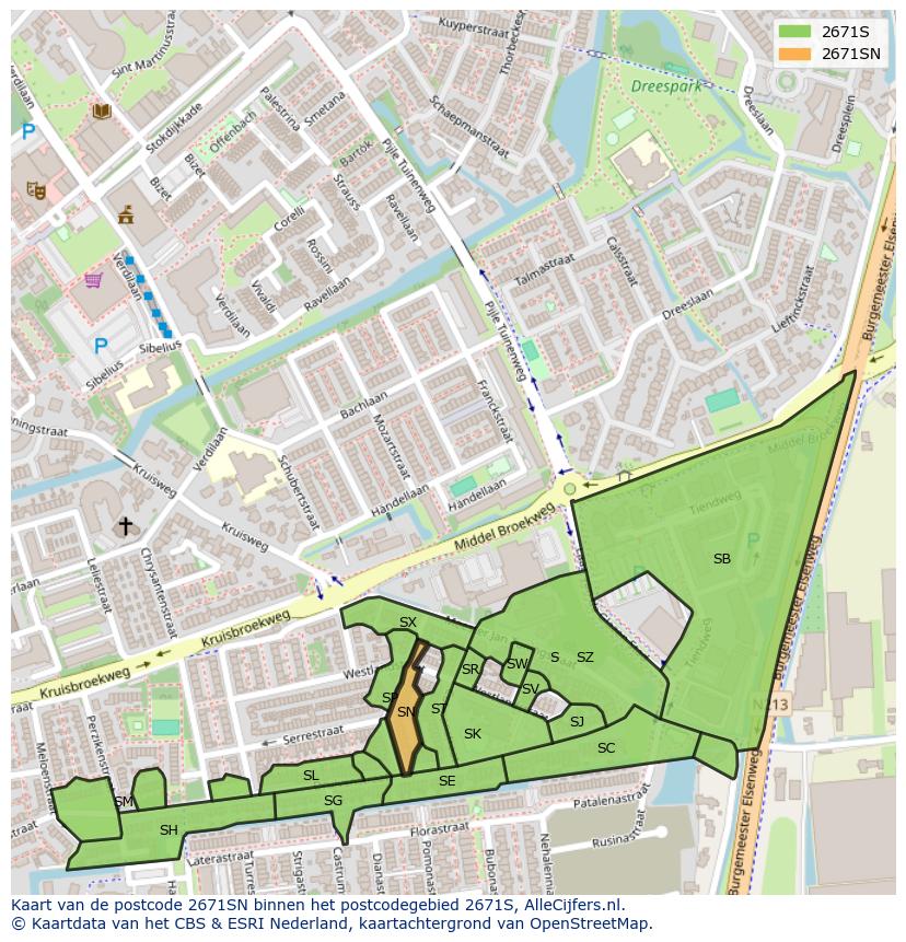 Afbeelding van het postcodegebied 2671 SN op de kaart.