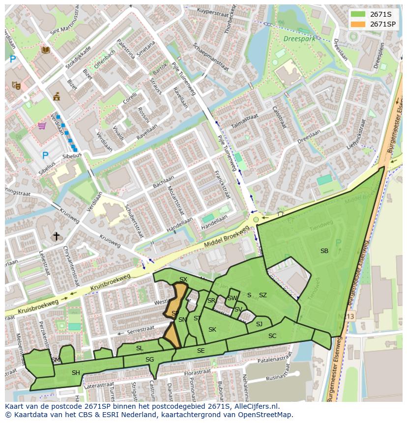 Afbeelding van het postcodegebied 2671 SP op de kaart.