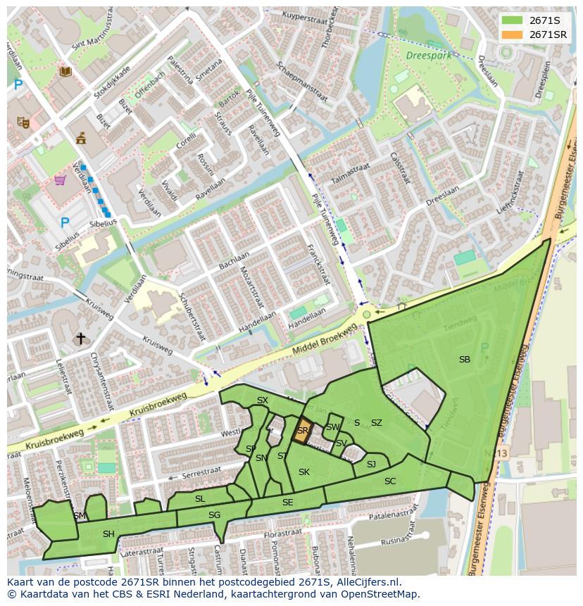 Afbeelding van het postcodegebied 2671 SR op de kaart.
