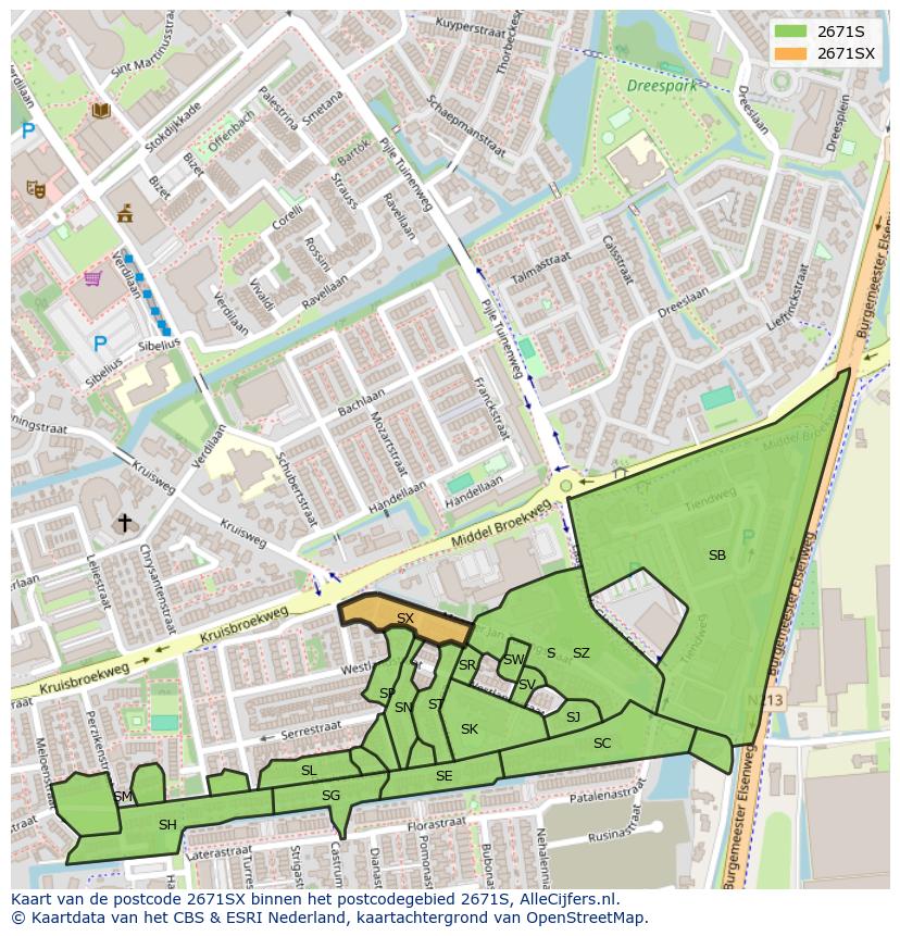 Afbeelding van het postcodegebied 2671 SX op de kaart.