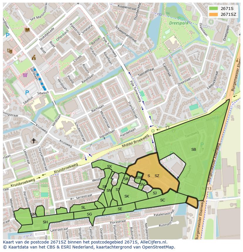 Afbeelding van het postcodegebied 2671 SZ op de kaart.
