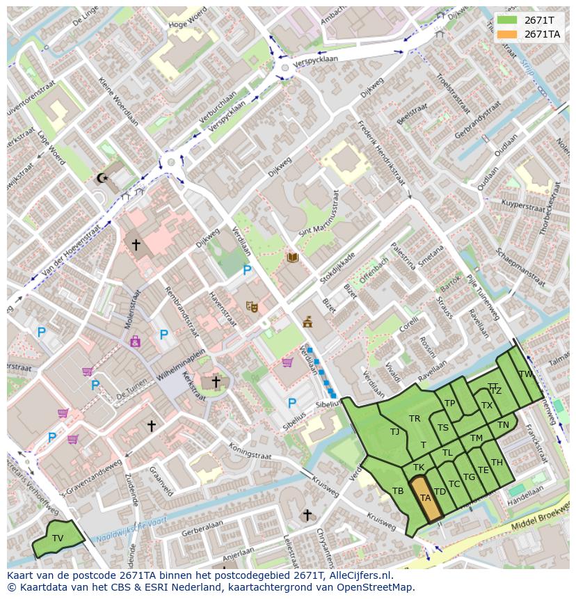 Afbeelding van het postcodegebied 2671 TA op de kaart.