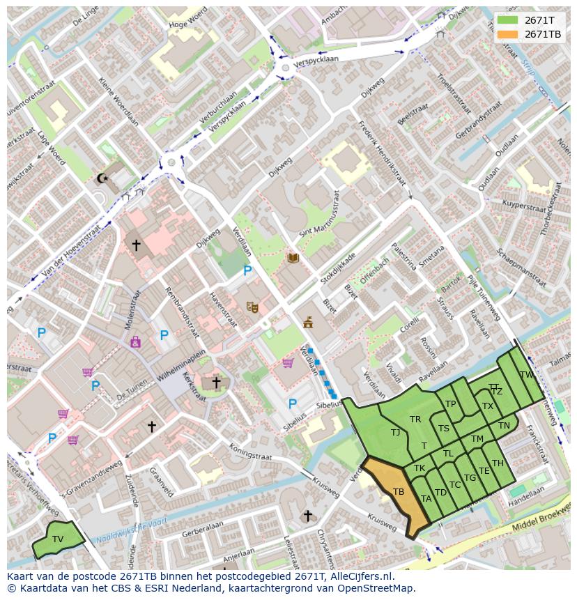 Afbeelding van het postcodegebied 2671 TB op de kaart.